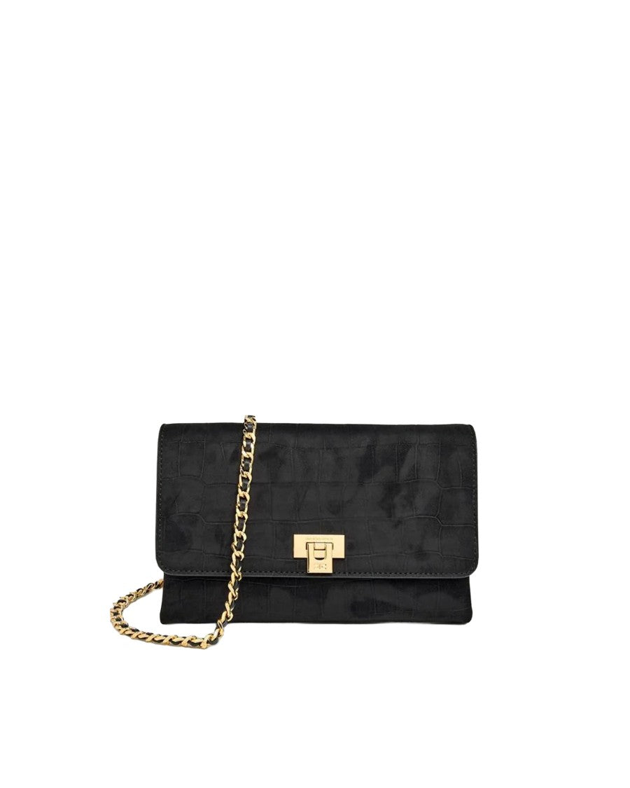 Elisabetta Franchi Compact Black Suede Shoulder Bag With Crocodile-Embossed Texture