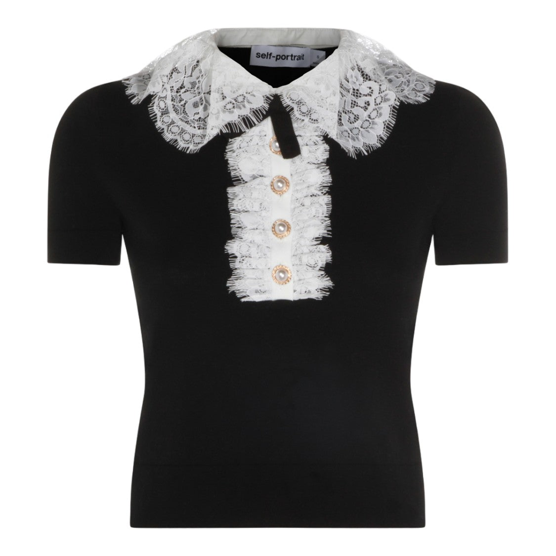 Self-Portrait Fitted Short-Sleeve Sweater With Lace Collar And Pearl Accents