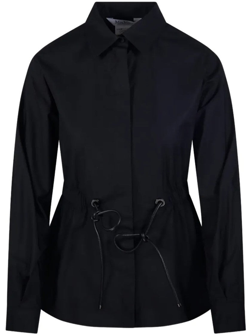 Max Mara Long-Sleeved Black Shirt With Classic Collar And Cinched Waist