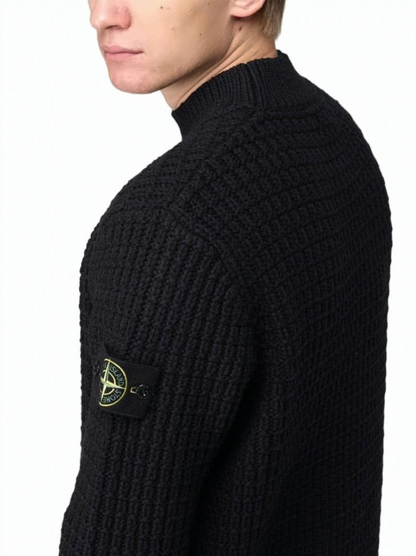 Stone Island Textured Knit Black Sweater With Ribbed Details