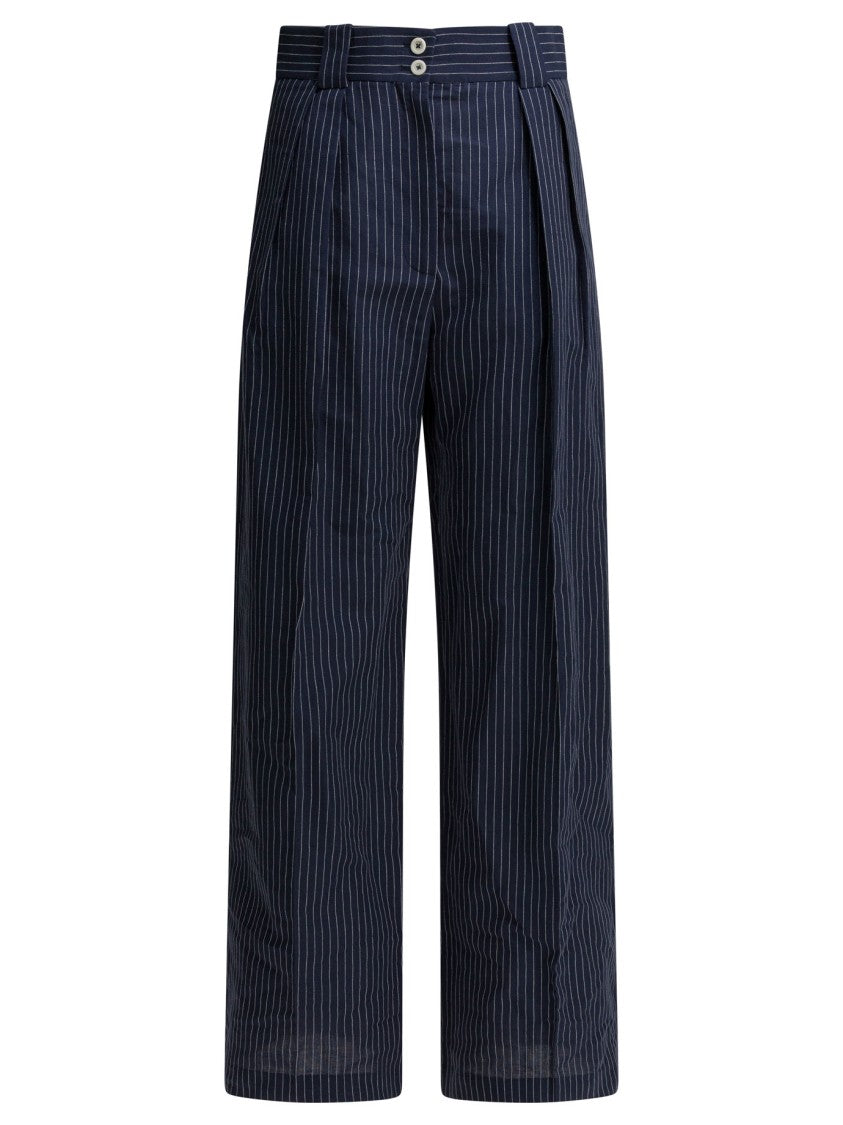 Ines De La Fressange Navy Pinstriped Wide-Leg Trousers With Double-Button Waistband