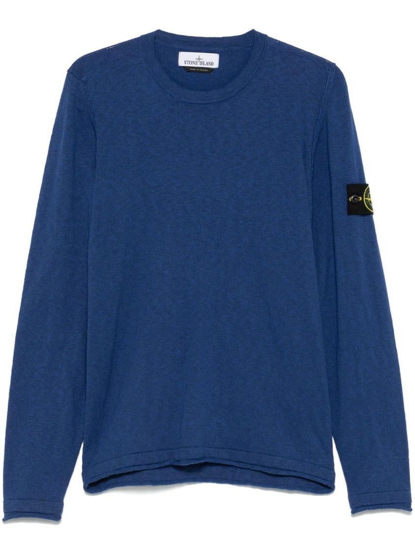 Stone Island Crew Neck Blue Sweater With Distinctive Logo Patch