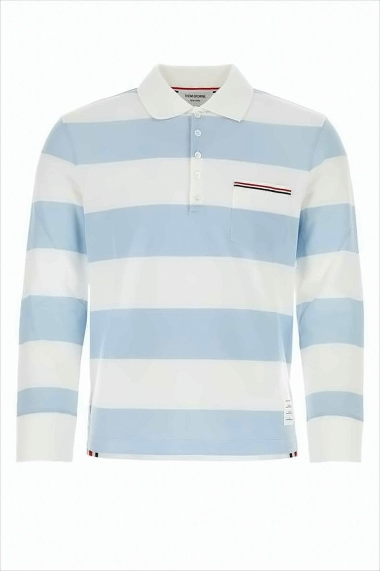 Thom Browne Light Blue And White Striped Long-Sleeved Polo Shirt