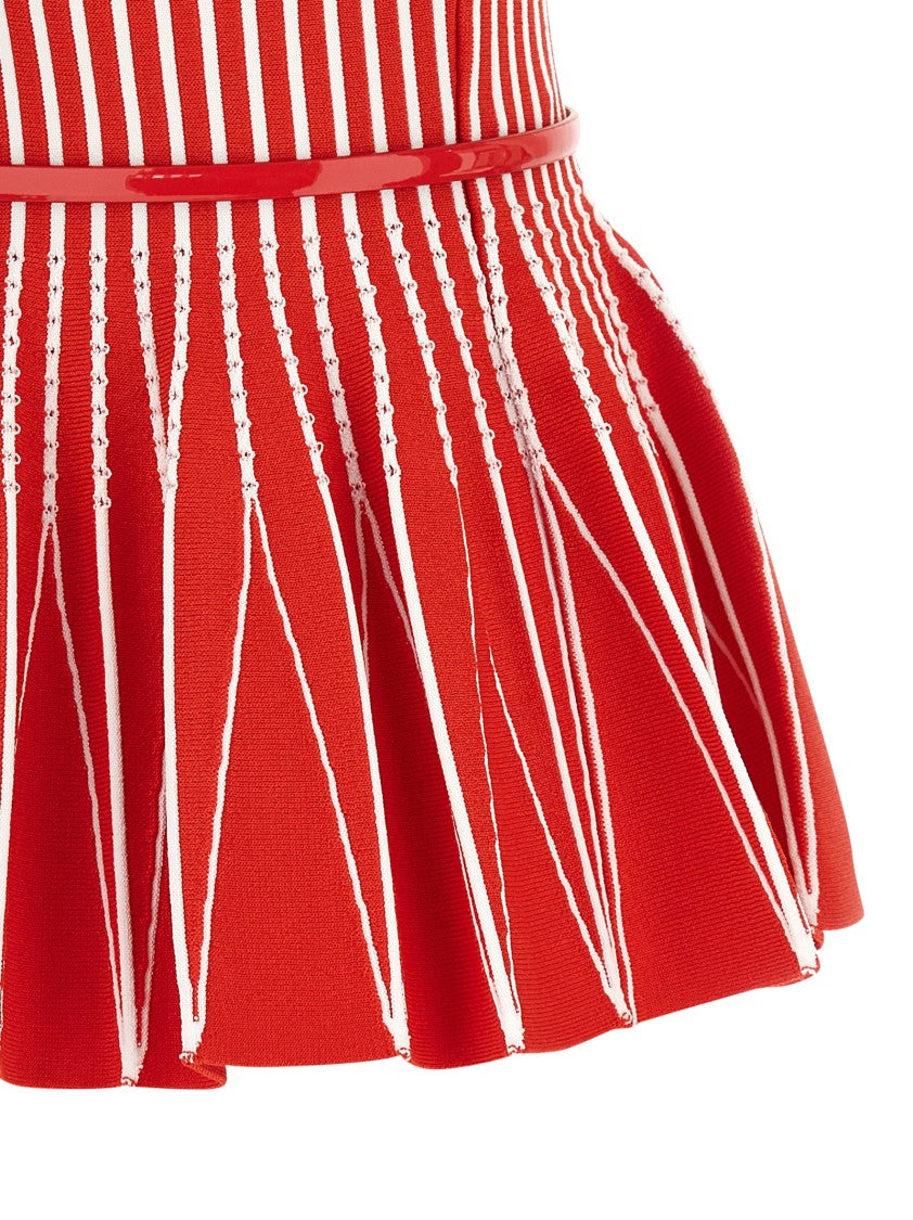 Elisabetta Franchi Striped Tricot Viscose Blend Top With Pleated Hem And Belt