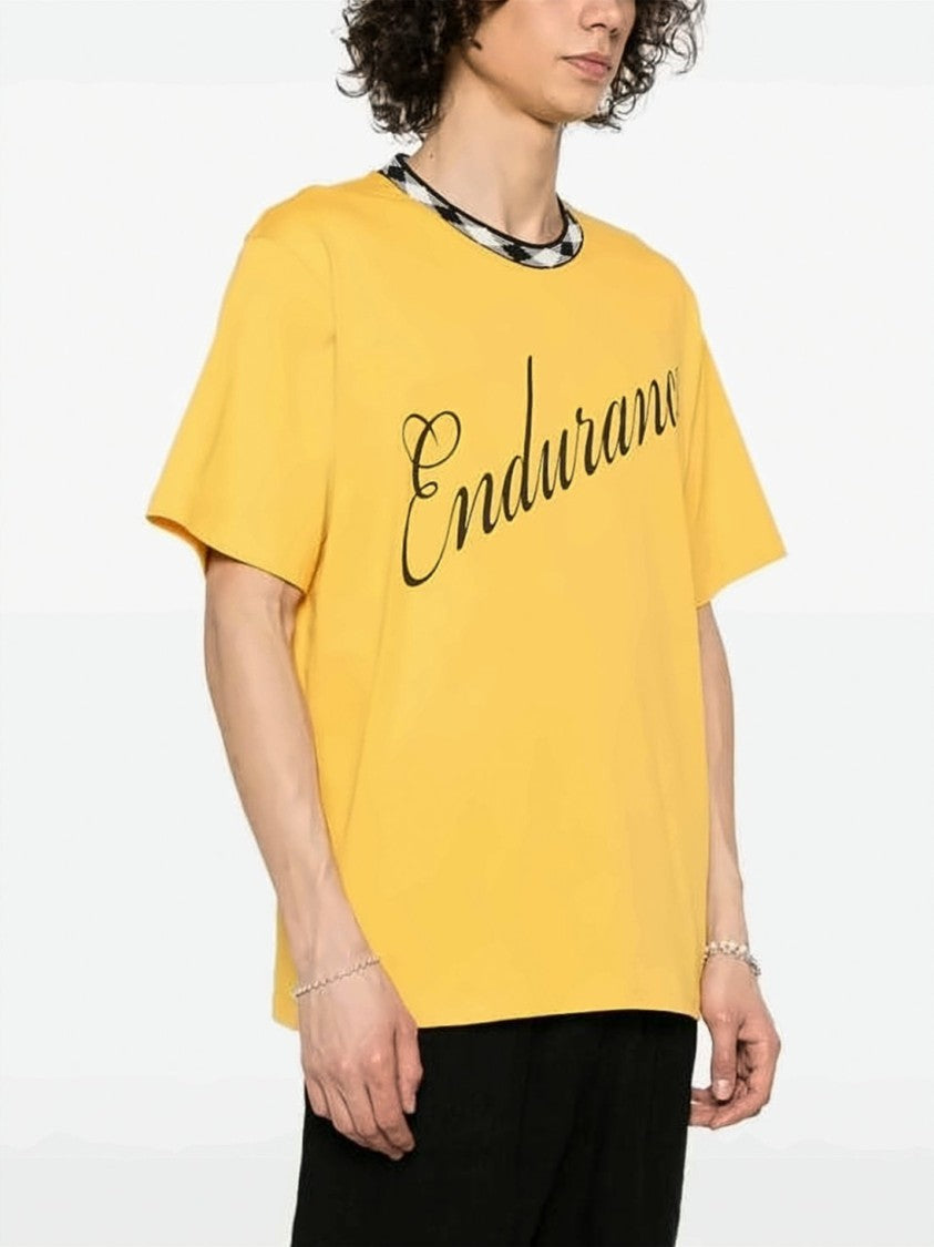 Wales Bonner Short-Sleeved T-Shirt With Checkered Neckline And Bold Graphic