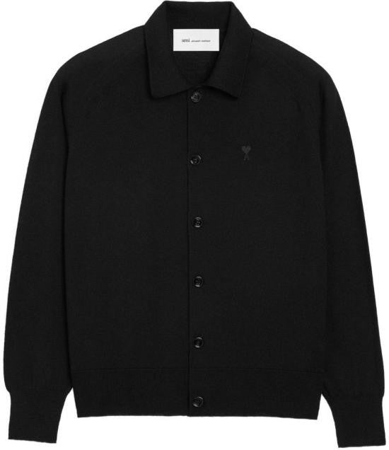 Ami Paris Classic Black Wool Cardigan With Embroidered Heart Emblem