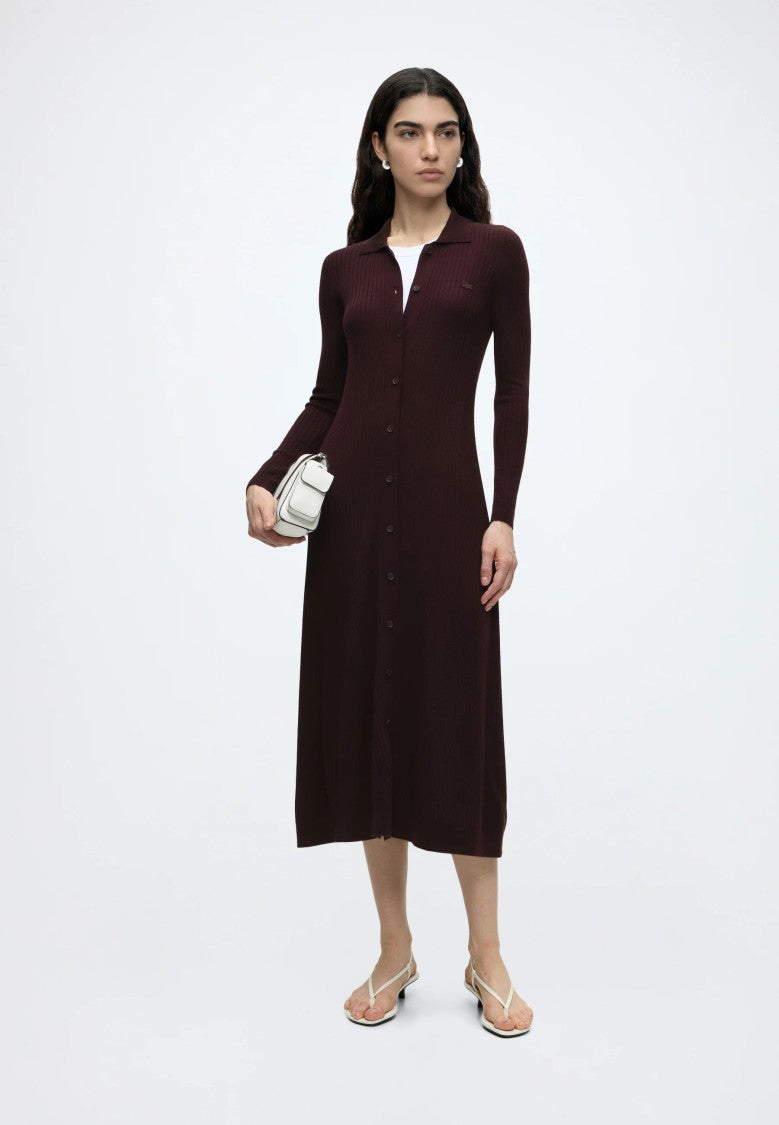 Lacoste Ribbed Knit Button-Down Midi Dress
