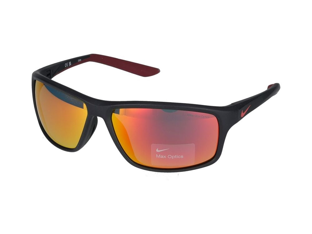 Nike Matte Black And Red Mirror Sunglasses With Angular Design