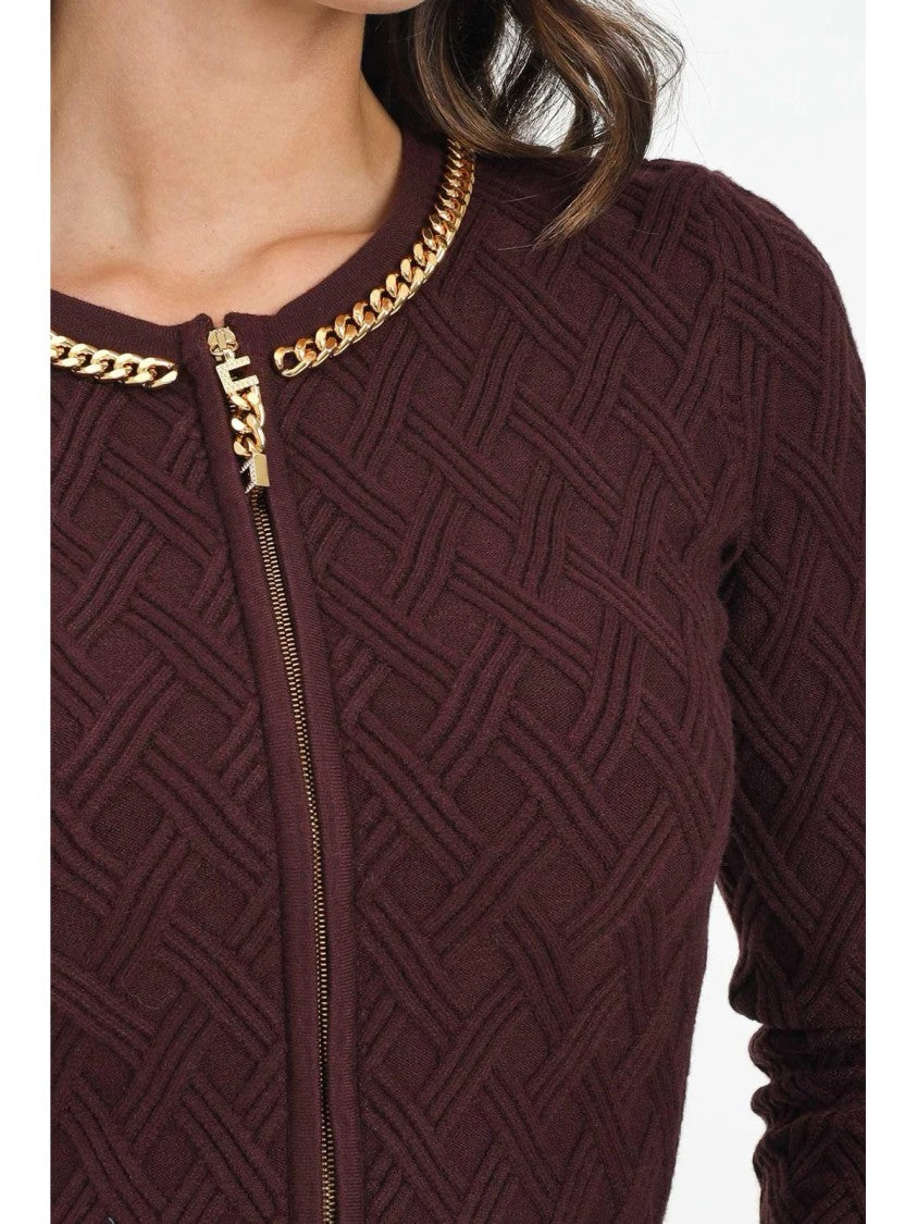 Elisabetta Franchi Cropped Textured Cardigan With Front Zip And Gold Chain Detail