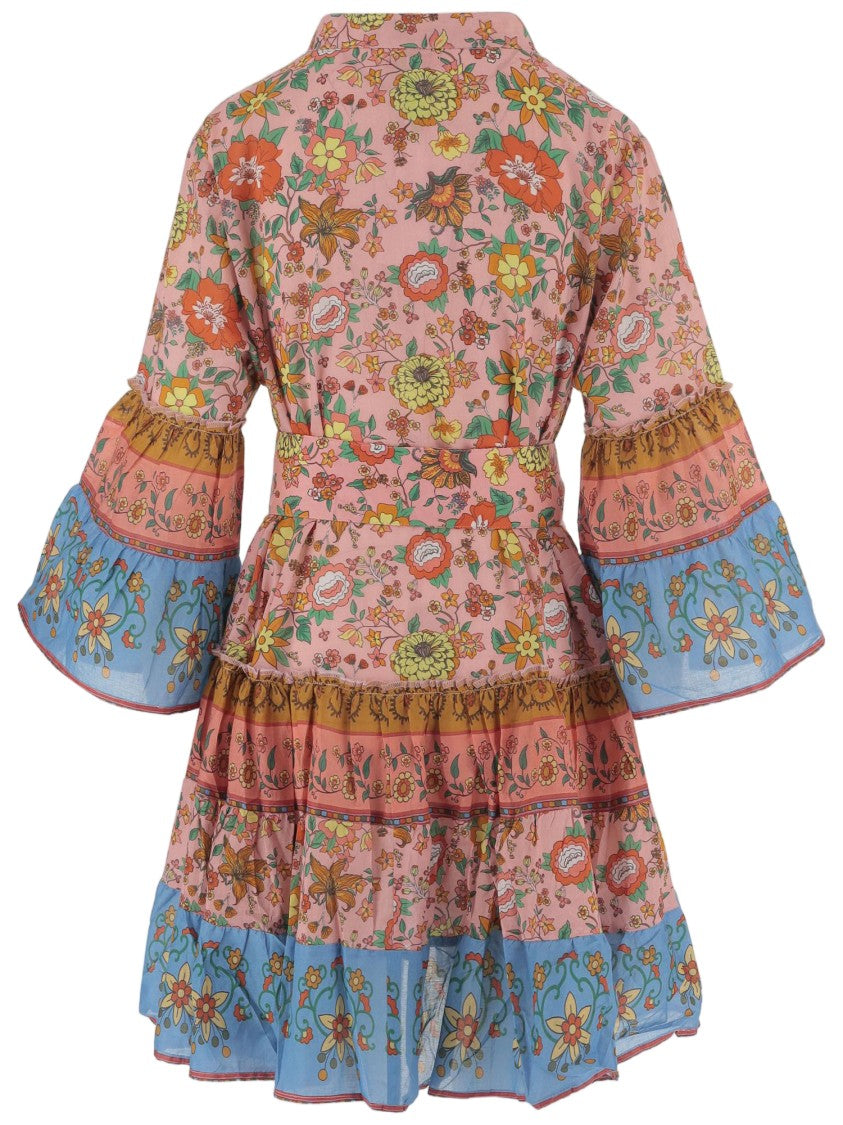 Pep's Cannes Floral-Print Cotton Mini Dress With Mandarin Collar And Adjustable Belt