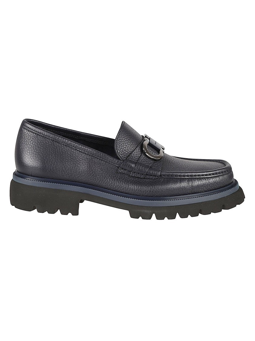 Ferragamo Textured Leather Flat Shoes With Metal Detail