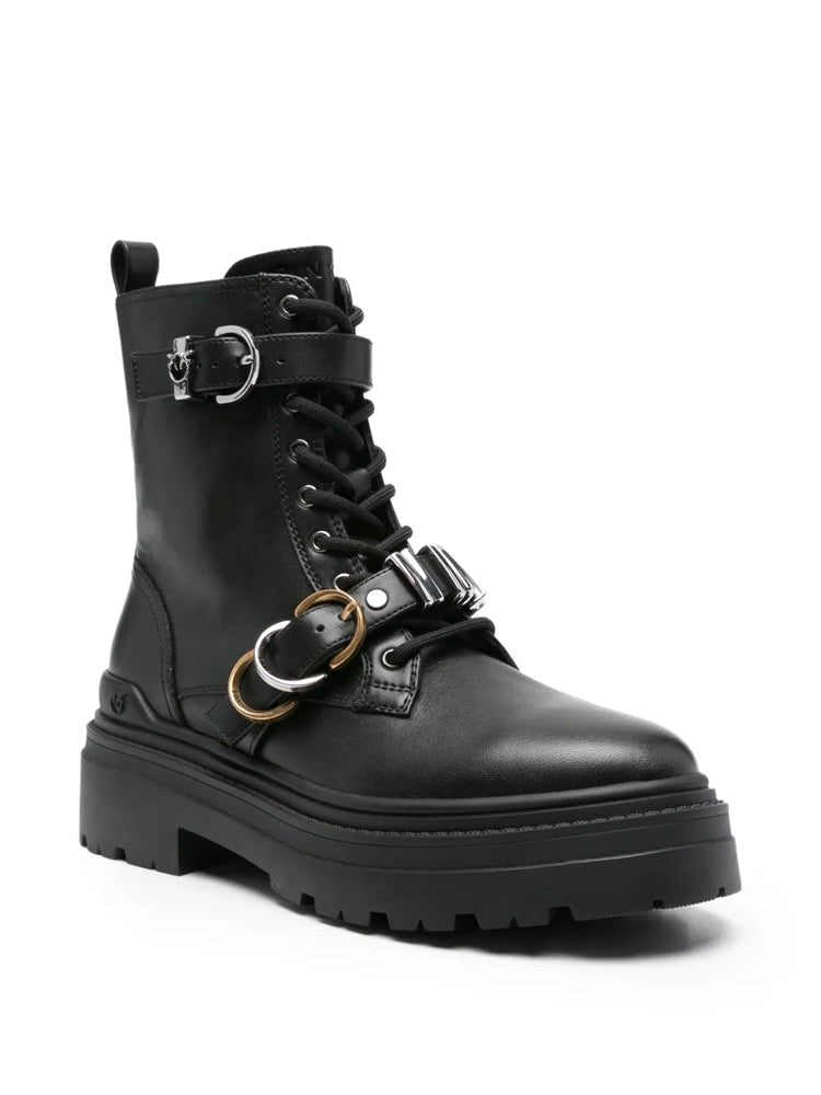 Pinko Black Mia 19 Lace-Up Buckle Straps Calf Leather Ankle Boots
