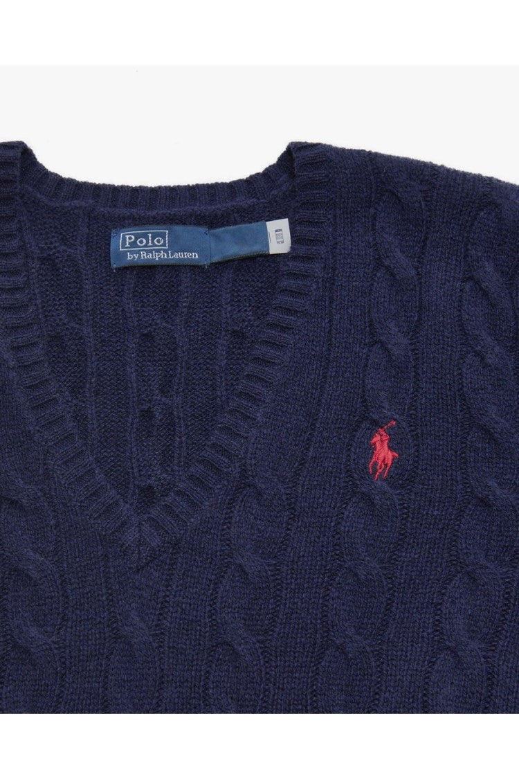 Polo Ralph Lauren Navy Cable-Knit V-Neck Wool-Cashmere Sweater