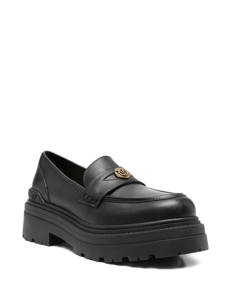 Pinko Black Mia 24 Rounded Toe Lug Sole Leather Loafers