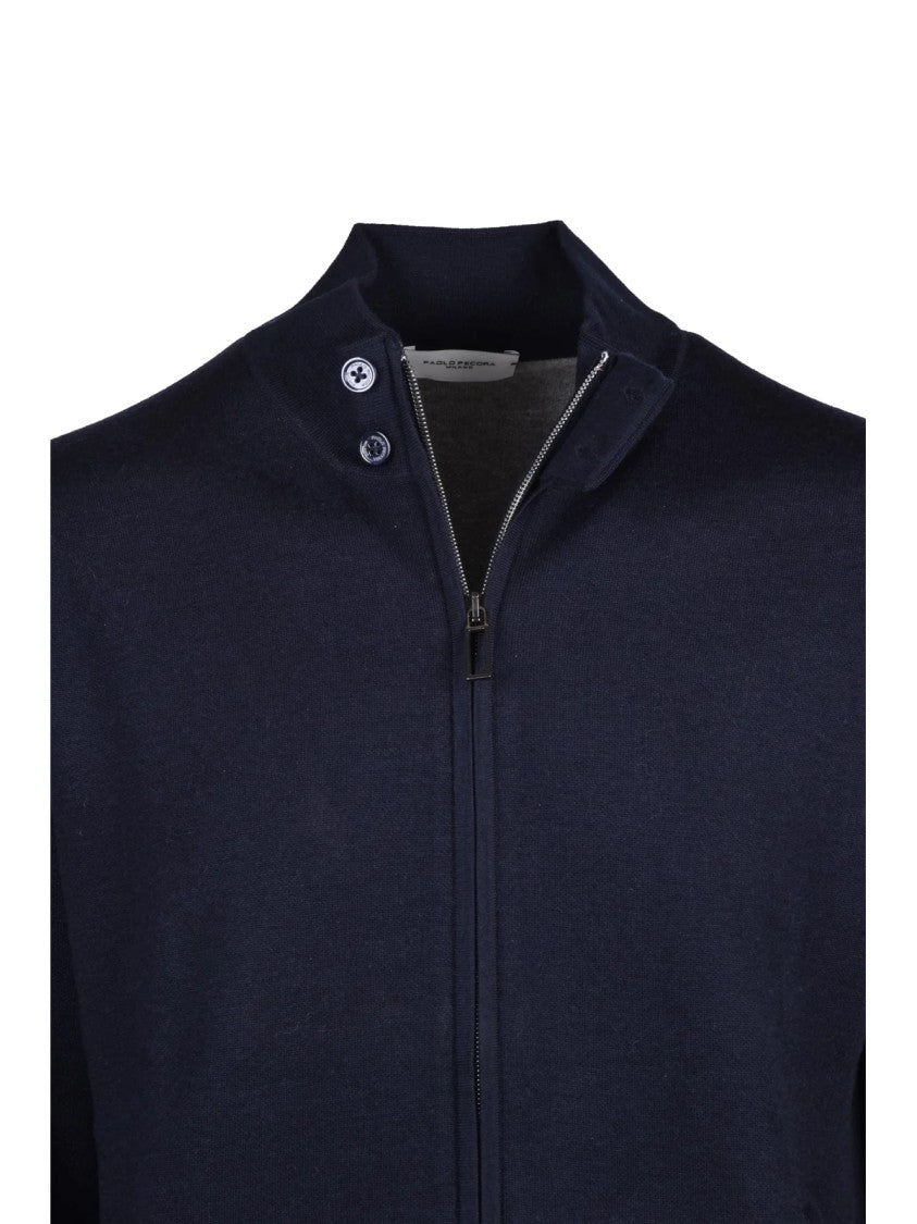 Paolo Pecora Blue Virgin Wool-Blend Zip Cardigan