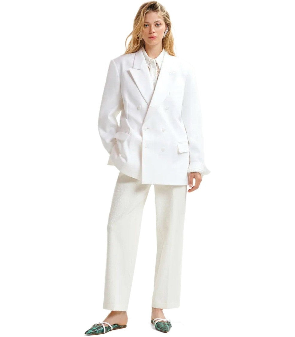 Essentiel Antwerp Hollow White Pinstriped Double-Breasted Jacket