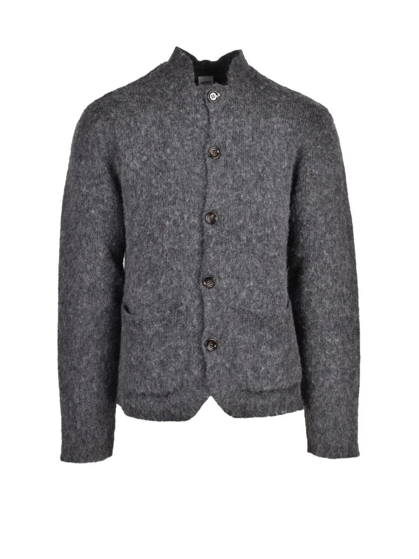 Aspesi Grey Textured Knit Crew Neck Wool Cardigan