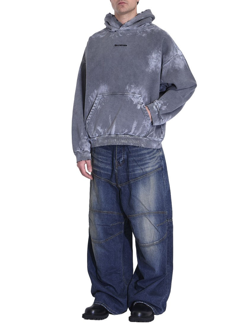 Balenciaga Washed Grey Oversized Hoodie With Tie-Dye Effect And Bold Logo