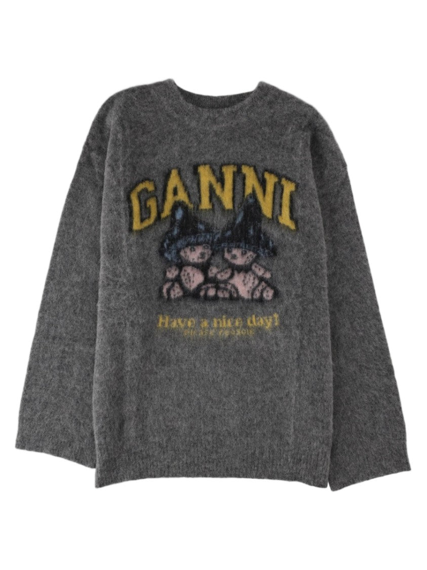 Ganni Grey Graphic Alpaca-Blend Knit Sweater