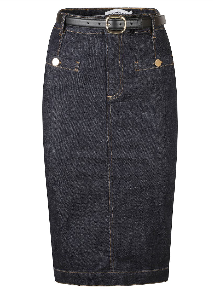 Self-Portrait High-Waisted Denim Midi Skirt With Front Pockets And Belt