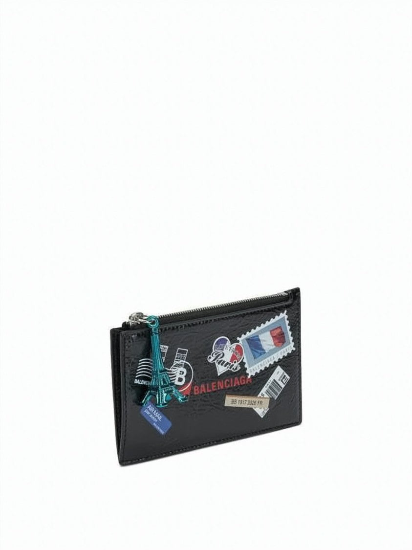 Balenciaga Textured Black Lambskin Cardholder With Travel-Themed Patches
