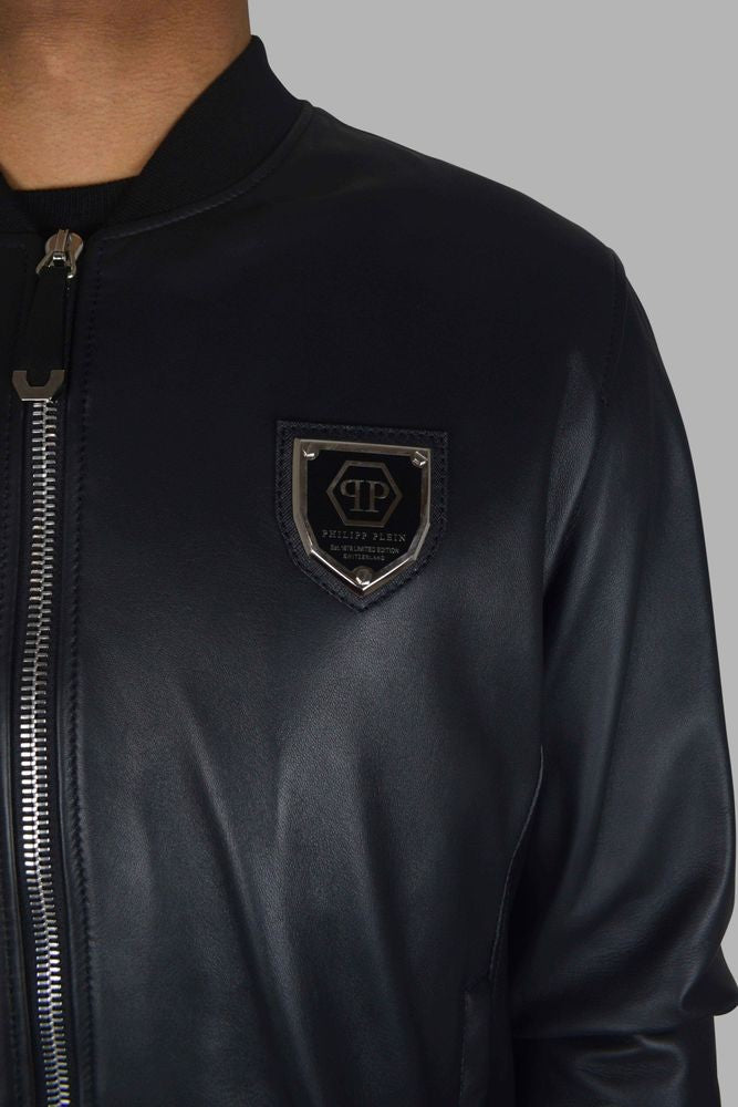 Philipp Plein Black Leather Bomber Jacket With Zip Closure