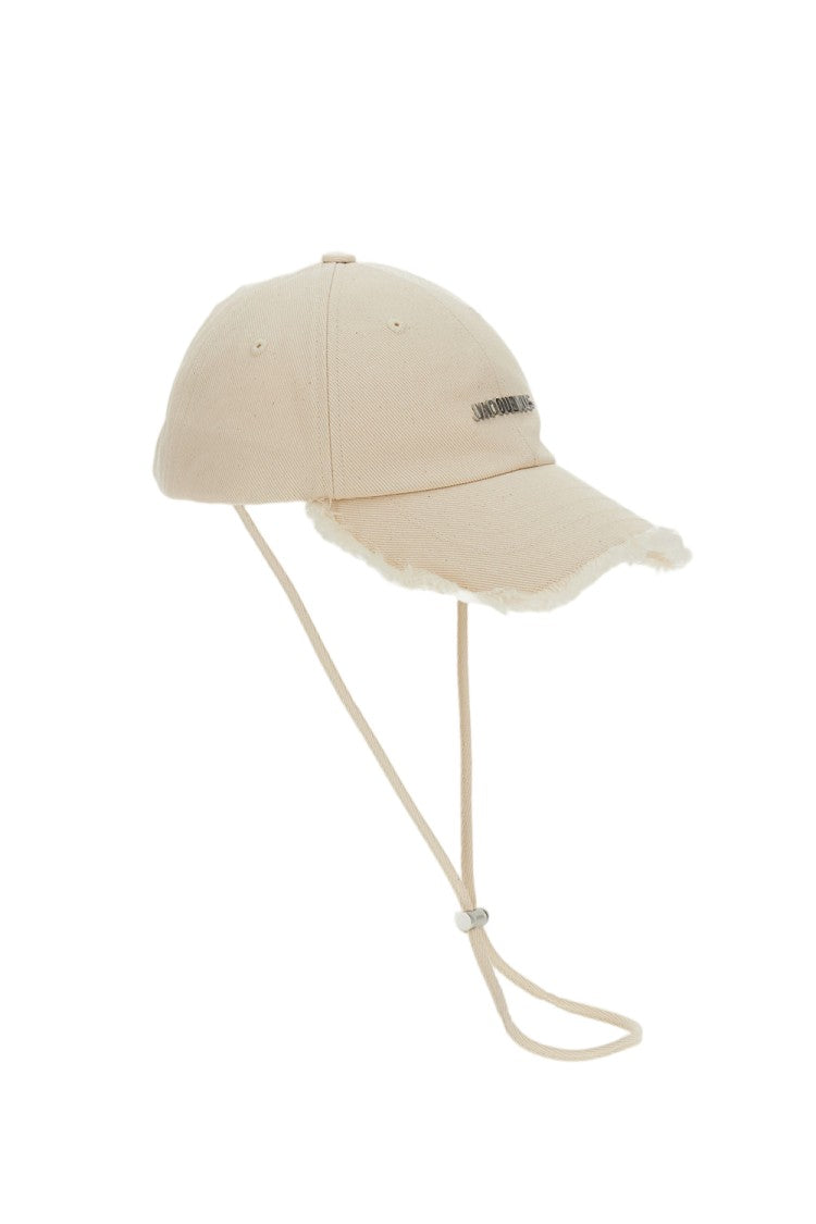 Jacquemus Frayed Brim Off-White Baseball Cap With Silver-Tone Logo