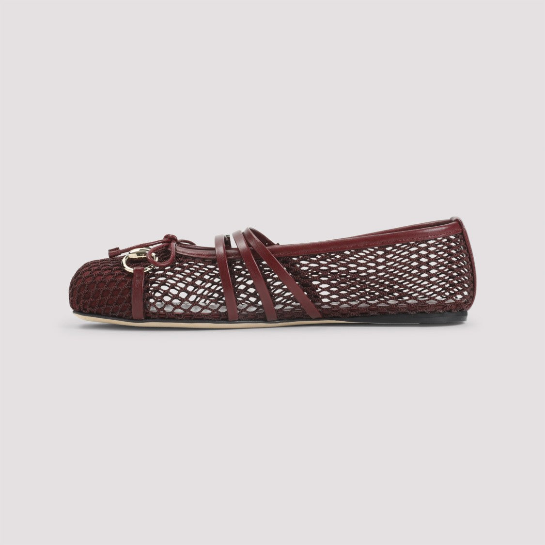 Gucci Burgundy Leather Ballerinas With Mesh Overlay And Buckle Detail