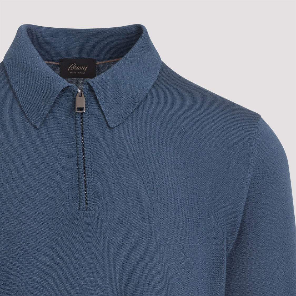 Brioni Nile Blue Wool Long Sleeves Zip Polo