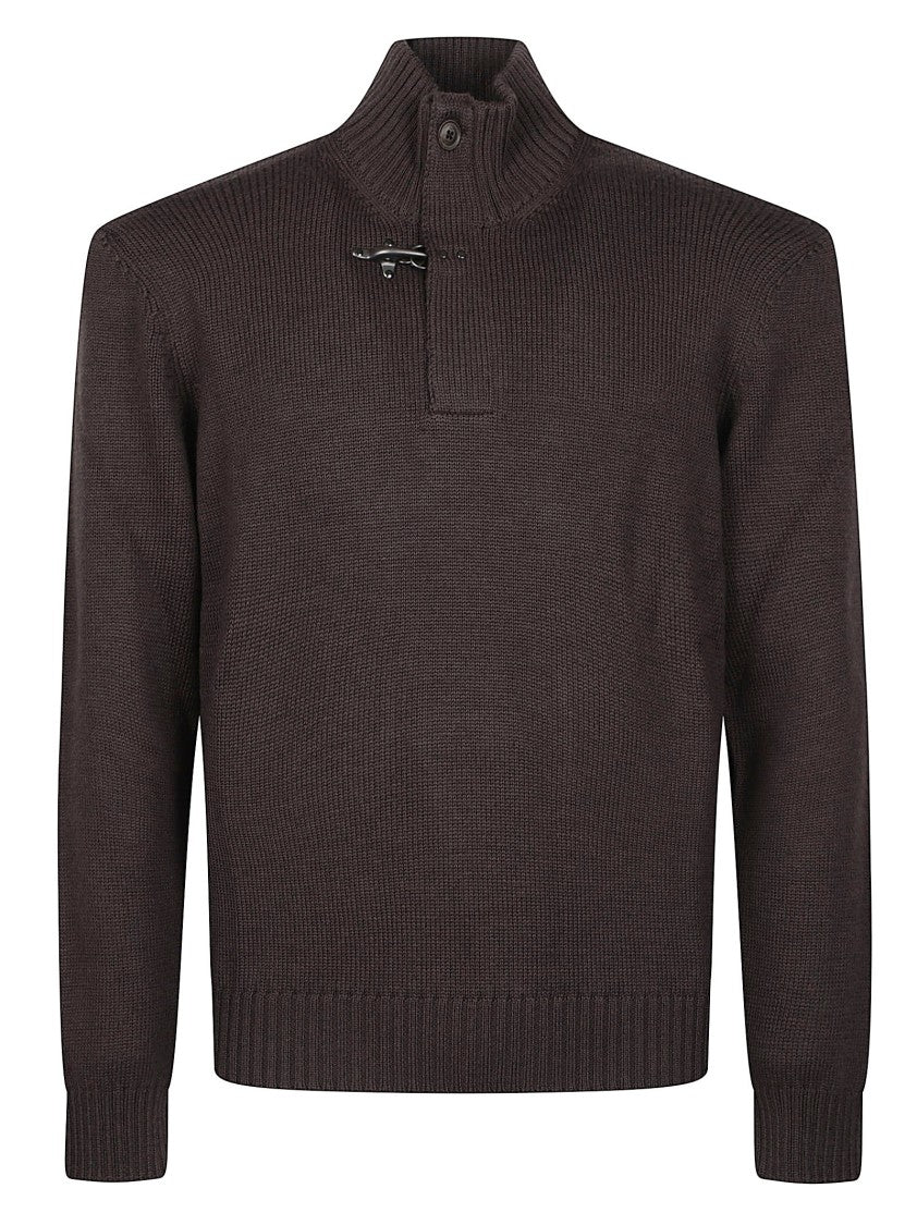 Fay Ribbed Buttoned Elbow Patch Virgin Wool Turtleneck Sweater