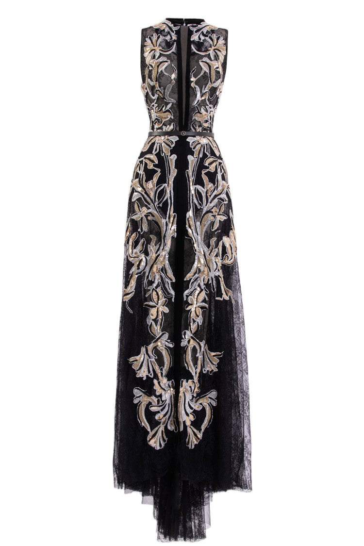 Saiid Kobeisy Jet-Black Lace Dress With Intricate Floral Embroidery