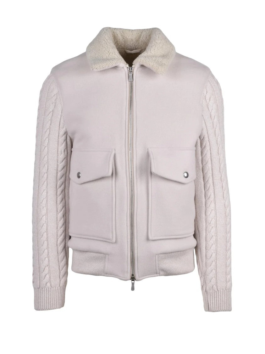 Eleventy Wool-Blend Zip-Front Jacket With Cable Knit Sleeves