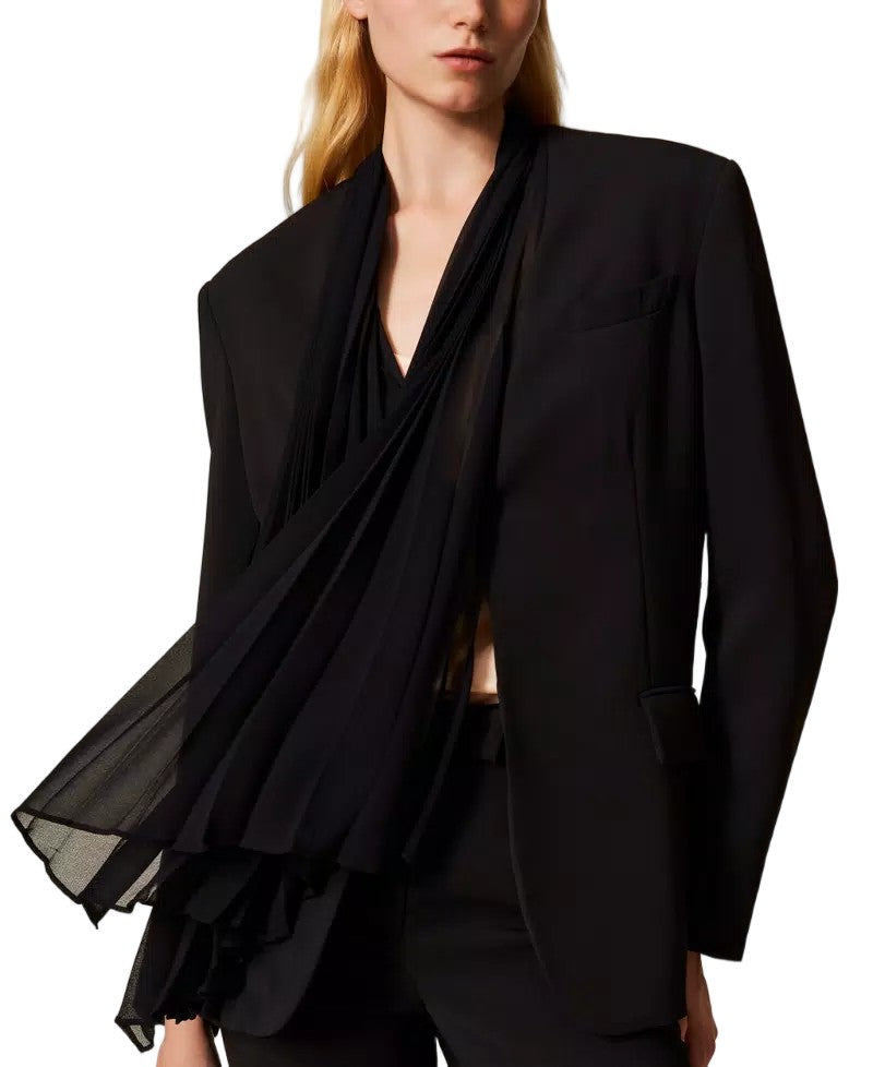 Twin-Set Crêpe Removable Pleated Scarf V-Neck Blazer