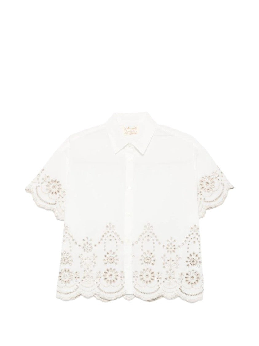 Mc2 Saint Barth White Cropped Eyelet Embroidery Blouse