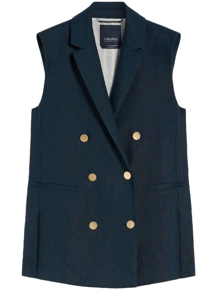Max Mara Tailored Blue Linen Double-Breasted Gilet With Gold-Tone Buttons