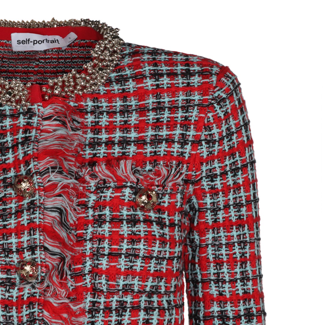 Self-Portrait Red Black Checkered Tweed Beaded Cropped Jacket