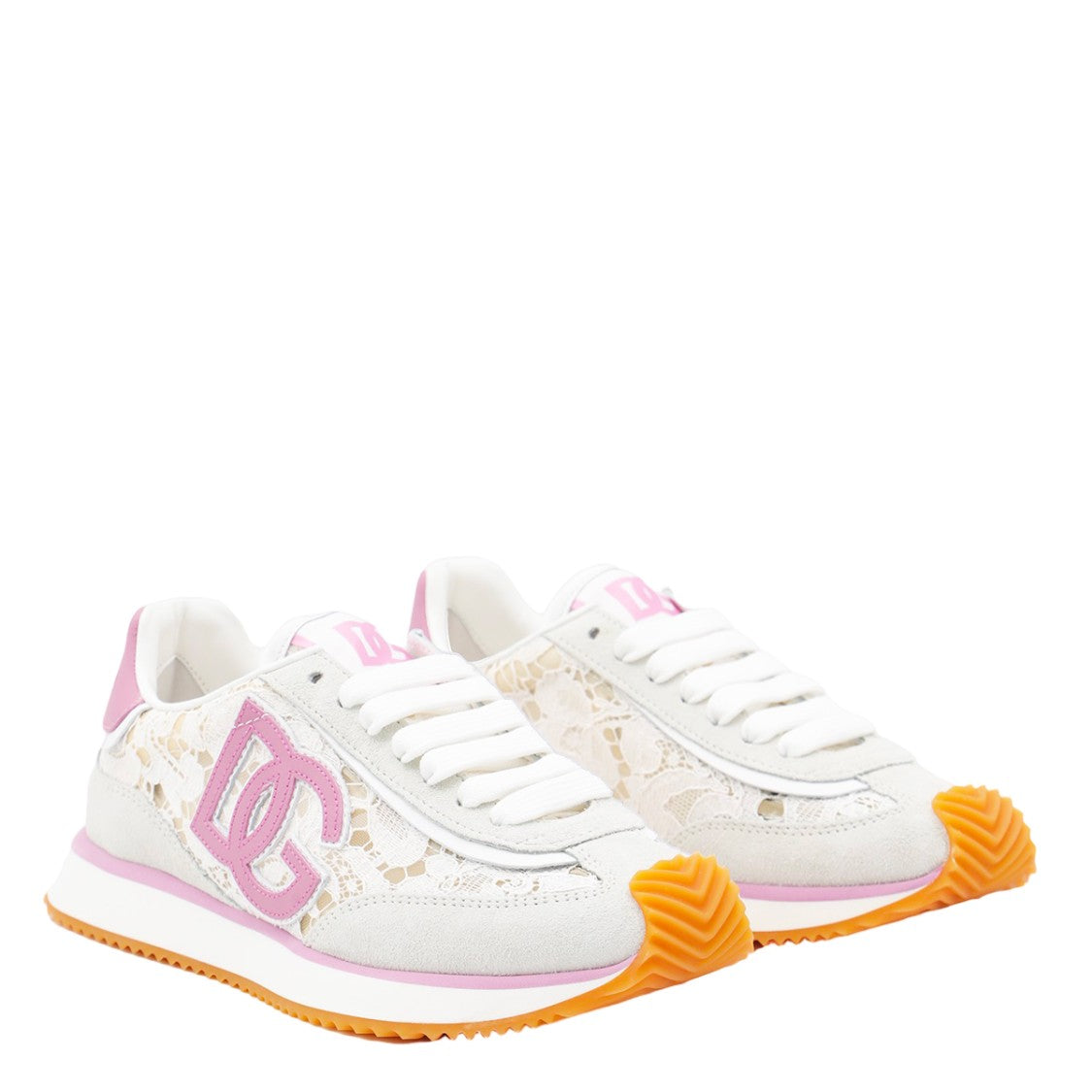 Dolce & Gabbana Lace-Detail White Sneakers With Pink Accents