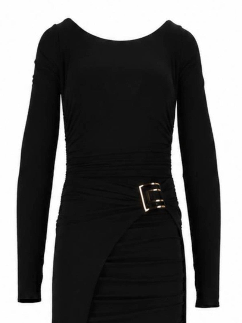 Elisabetta Franchi Black Ruched Asymmetrical Long-Sleeved Midi Dress