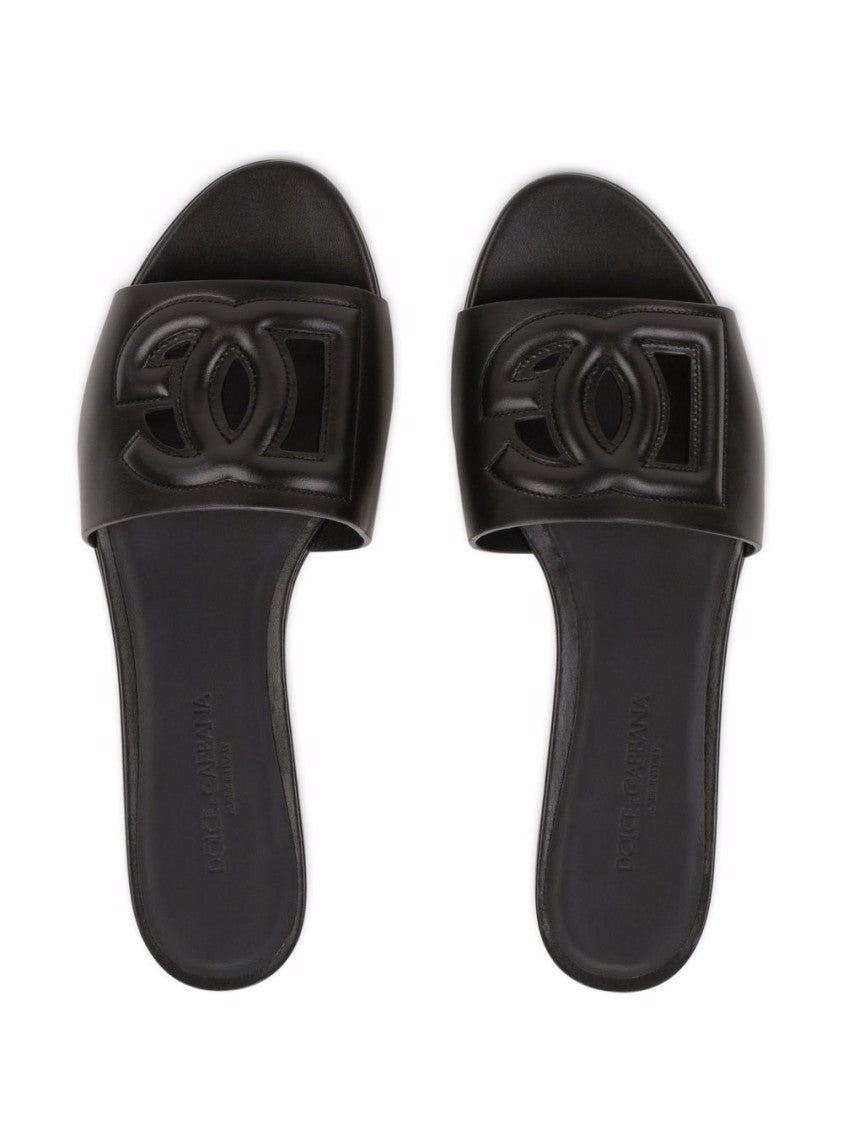 Dolce & Gabbana Black Flat Sole Interlocking Logo Sandals