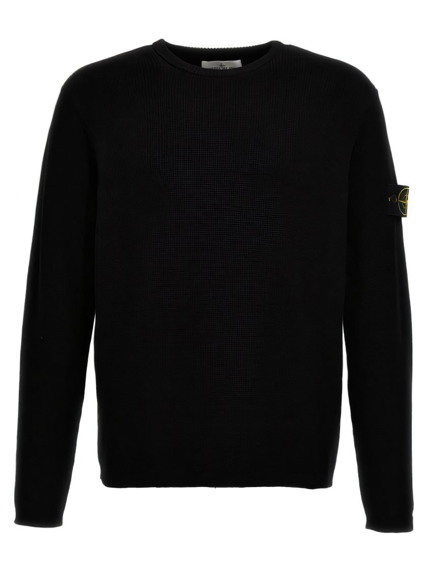 Stone Island Crew Neck Knit Sweater With Ribbed Texture And Logo Patch