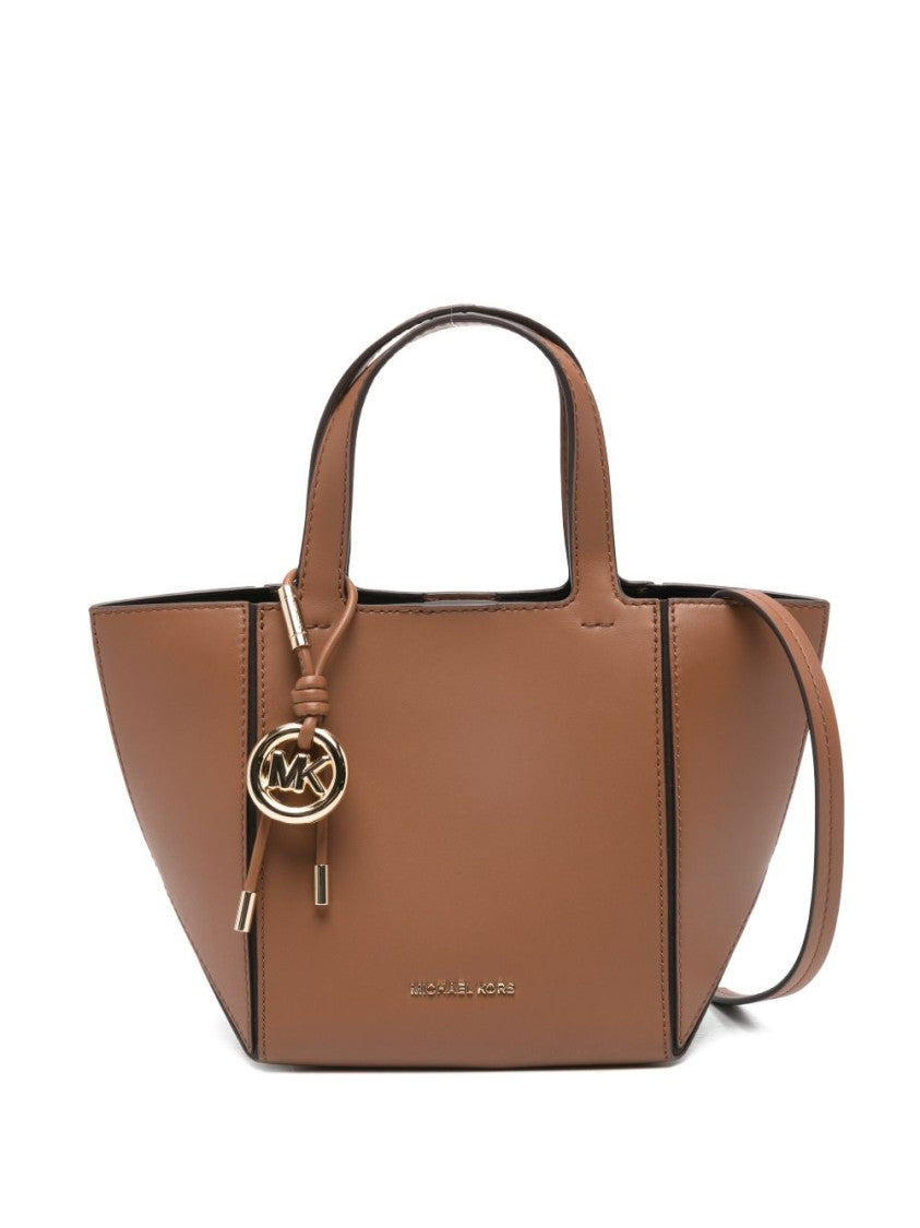 Michael Kors Trapezoidal Brown Leather Tote Bag With Decorative Charm