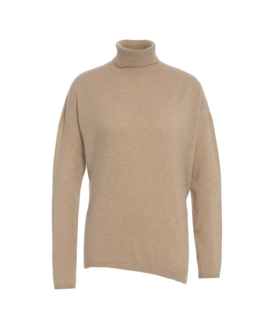 Mvm Beige Turtleneck Sweater With Asymmetric Hem