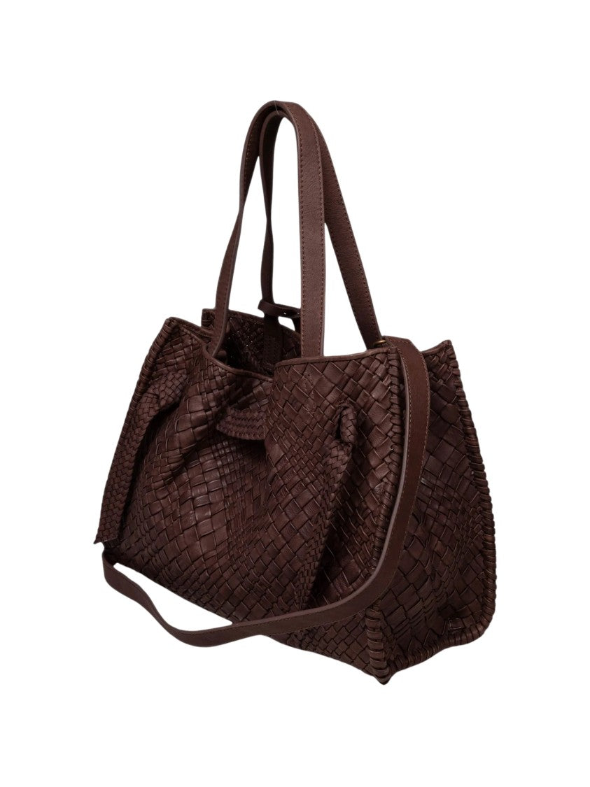 Visona` Woven Leather Shoulder Bag With Adjustable Strap And Bronze Accents