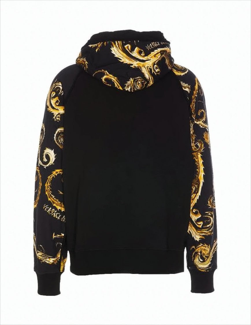 Versace Baroque Patterned Black Hoodie With Gold Accents