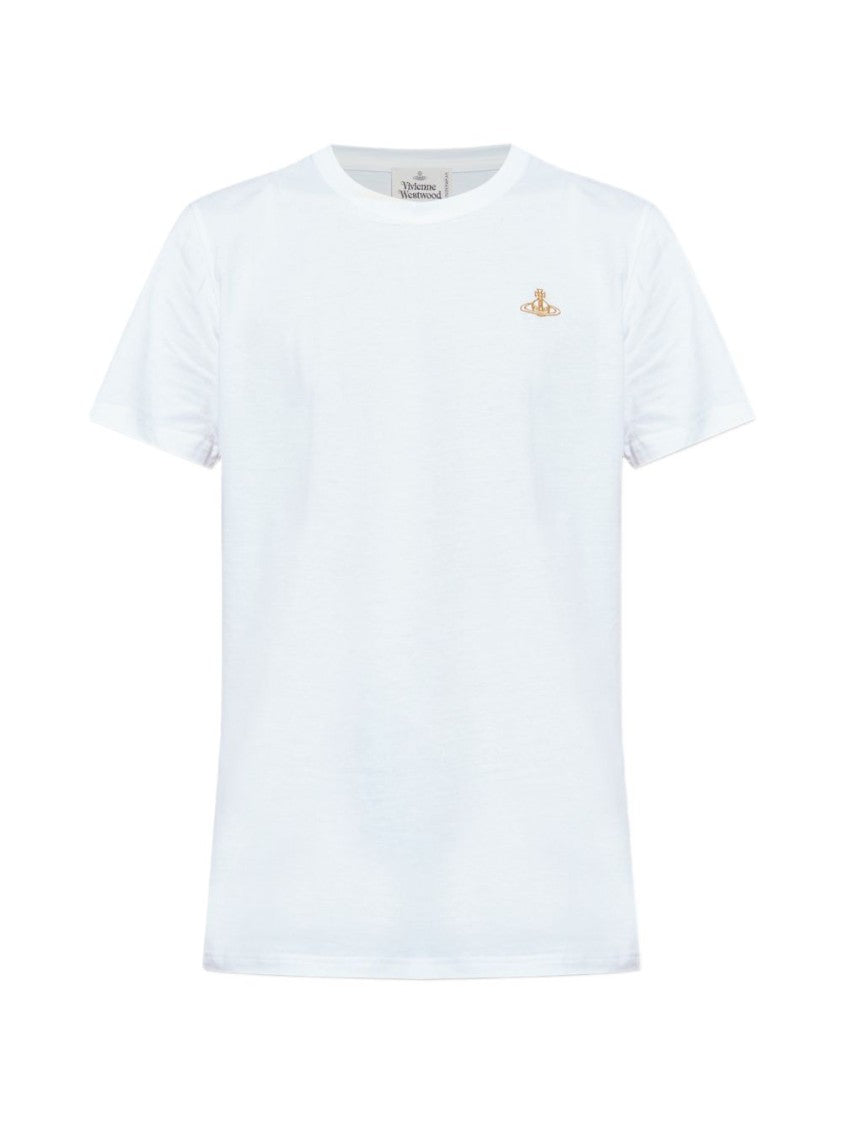 Vivienne Westwood White Crew Neck T-Shirt With Gold Embroidered Logo