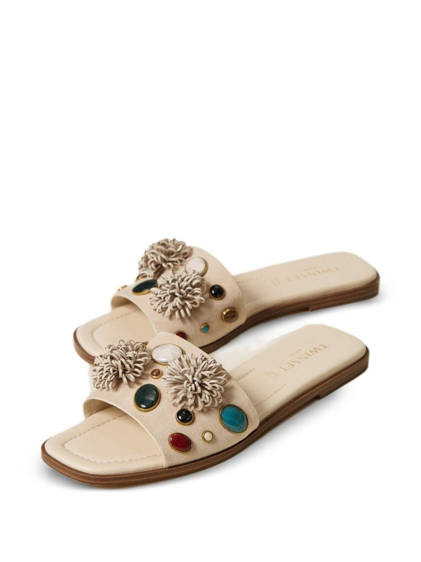 Twin-Set Beige Floral Appliqué Sandals With Stone Embellishments