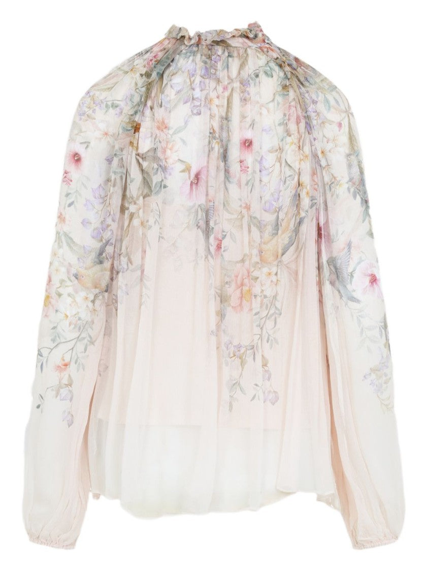 Zimmermann Beige Floral Print Sheer Blouse With Tie Detail