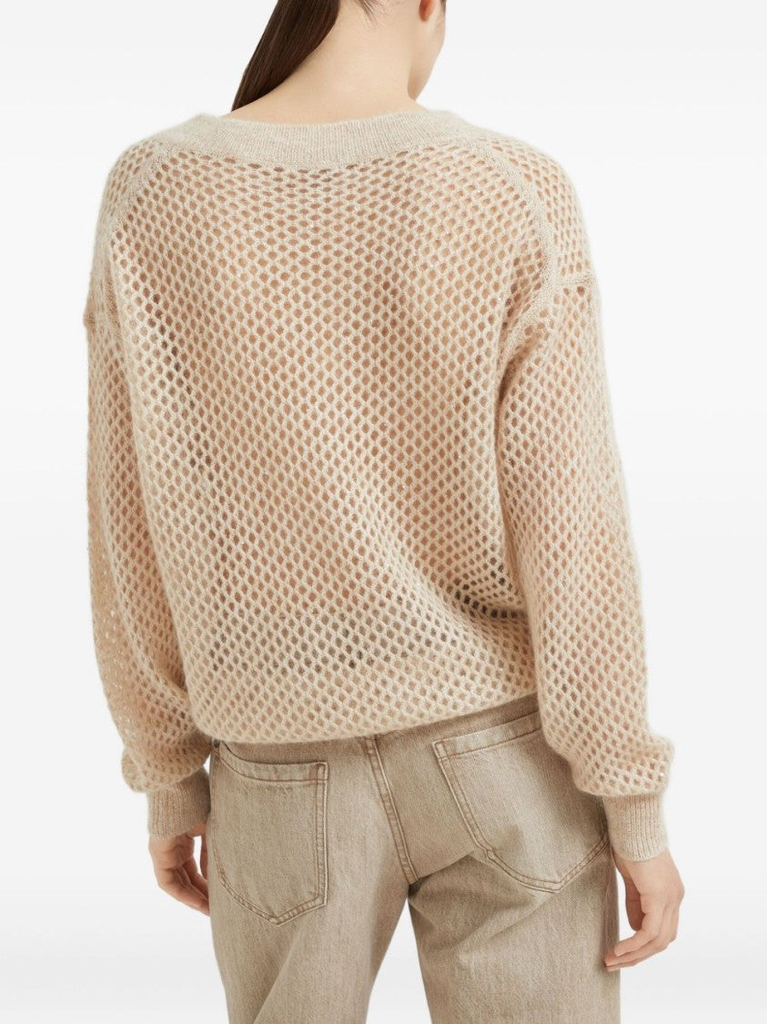 Brunello Cucinelli Deep V-Neck Open Knit Sweater