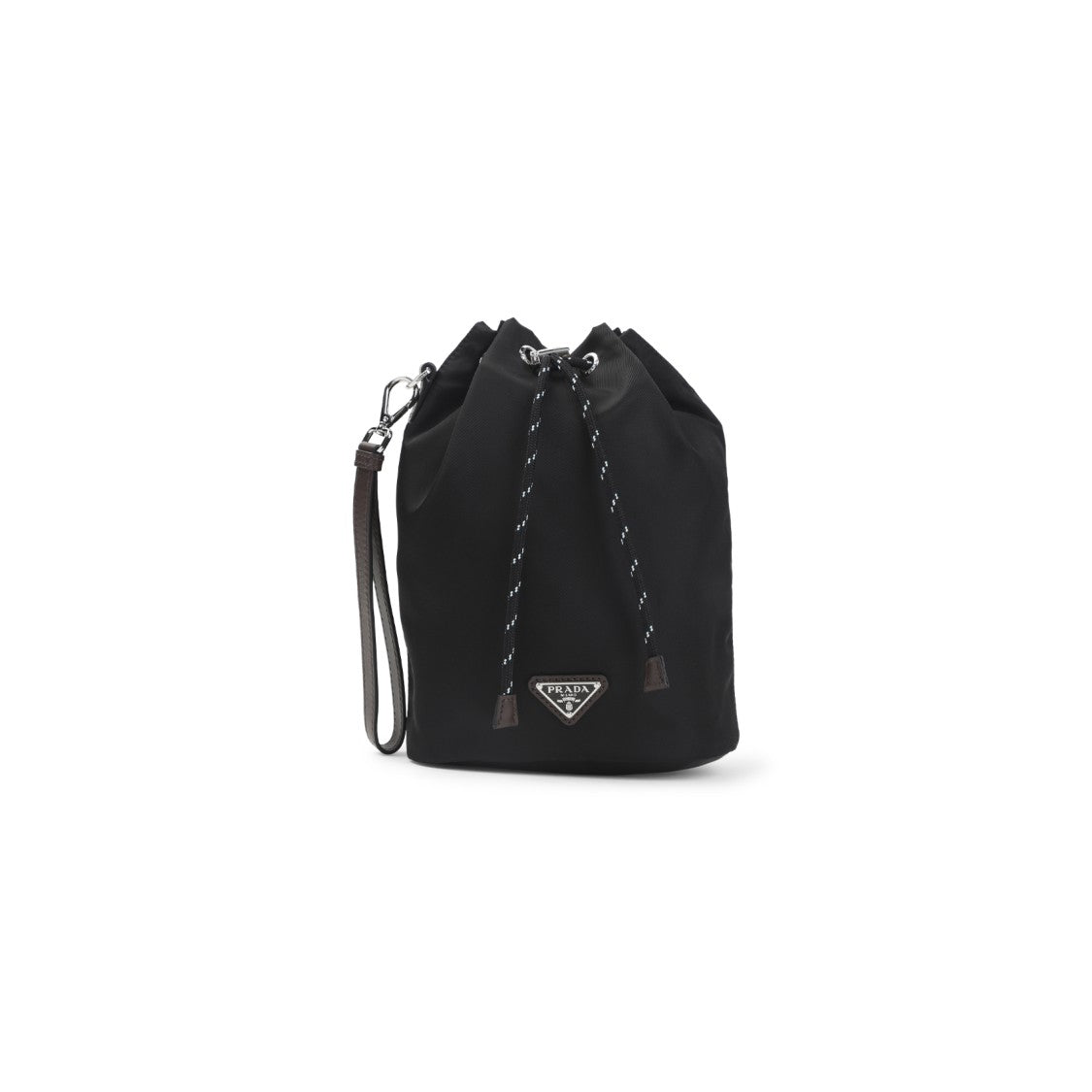 Prada Cylindrical Black Polyamide Clutch With Drawstring Closure