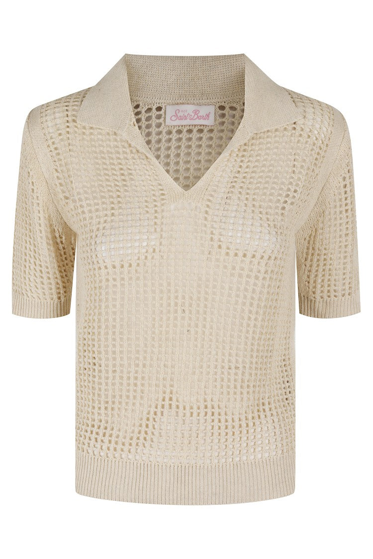 Mc2 Saint Barth Open-Knit Beige Polo With Classic Collar
